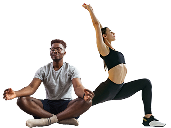 Man meditating and a woman doing a lunge