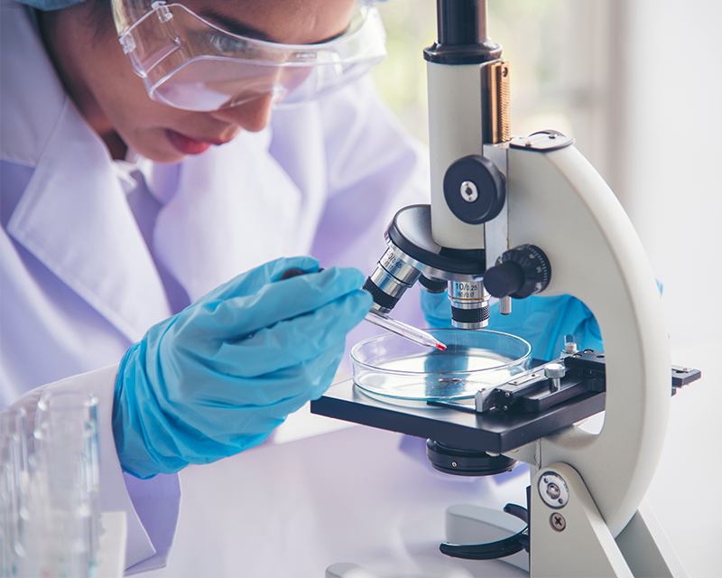 Woman in white lab coat look at a slide under a microscope