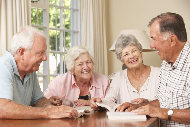 Group of adults sitting at table and talking